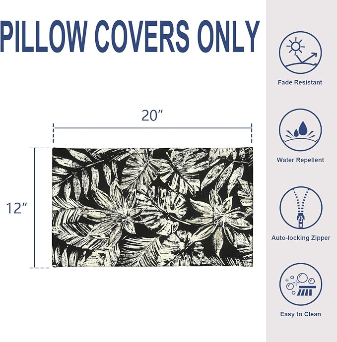 12x20 Inch Outdoor Lumbar Pillow Covers Pack of 2, All Weather Cushion Pillow Cases, Pillowcase for Patio Couch Decoration, Tropical Leaf Black