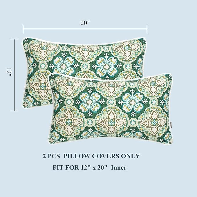 FUNHOME Outdoor Lumbar Pillow Covers 12X20 Inch, No Insert-Green Medal | Patio Lumbar Cases Pack of 2, Water-Repellent, Throw Pillowcase for Couch Garden Furniture