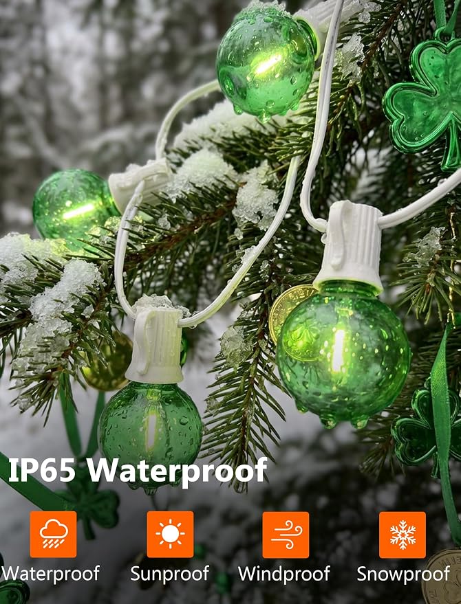 25Ft G40 LED Outdoor Globe String Lights, Outdoor St. Patrick's Day Decorations Lights with 27 Shatterproof Green Bulbs, Hanging Patio Light Waterproof for Irish-themed Party Backyard Garden Wedding