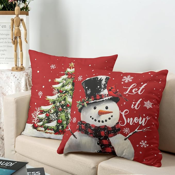 Red Christmas Pillow Covers Snowman Throw Pillow Covers Xmas Tree Pillow Case 16x16 Winter Snowflakes Cotton Blend Cushion Case for Holiday Decor Couch Sofa 2 Pack