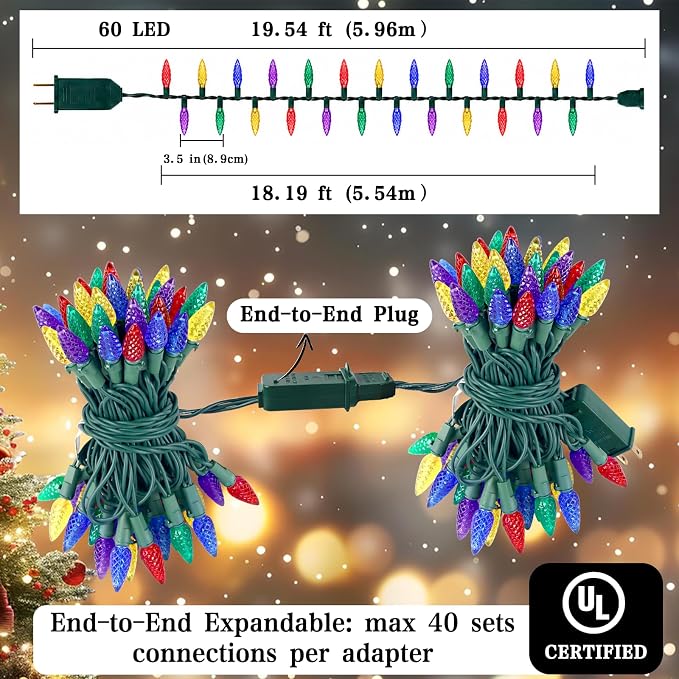 Heyworld C6 Gentle Twinkle Christmas Light, 60 LED Soft Twinkling Strawberry Lights, UL Certified 19.5FT Waterproof Connectable for Indoor Outdoor Xmas Tree Wedding Party Decor (Multicolor)