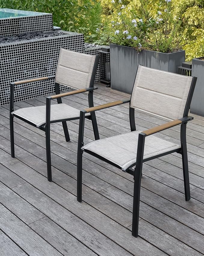 Patio Stacking Dining Chairs, Never-Rust Aluminum Stackable Patio Chairs Set of 2, Upgraded 3D Double-Layer Textilene Outdoor Dining Chairs, Patio Dining Chairs for Deck, Garden, Balcony, Teak