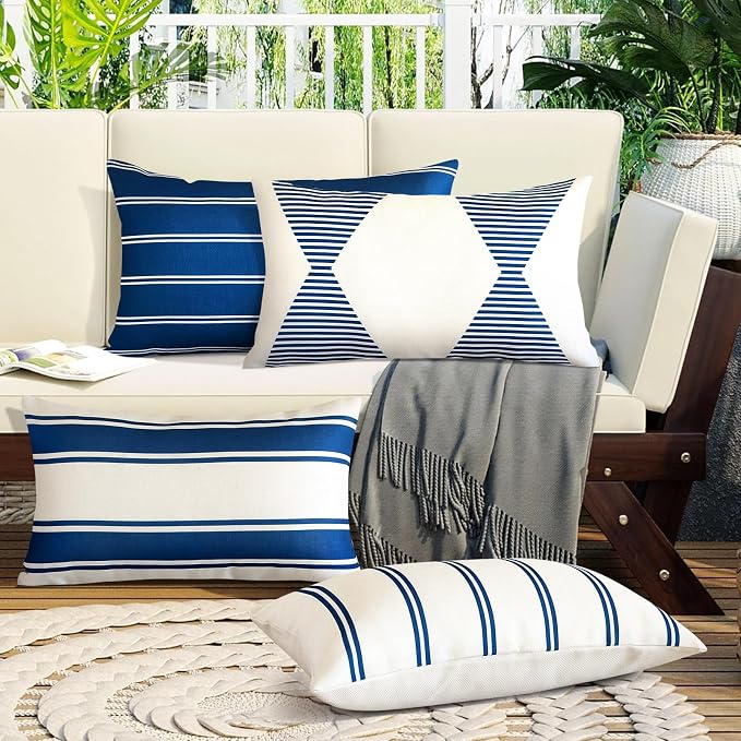 OTOSTAR Outdoor Decorative Pillow Covers Waterproof Garden Throw Pillow Covers 12x20 Inch Cushion Case Geometry Pillowcases Pillows Shell for Patio Furniture Couch Tent Balcony Pack of 4 (Navy Blue)