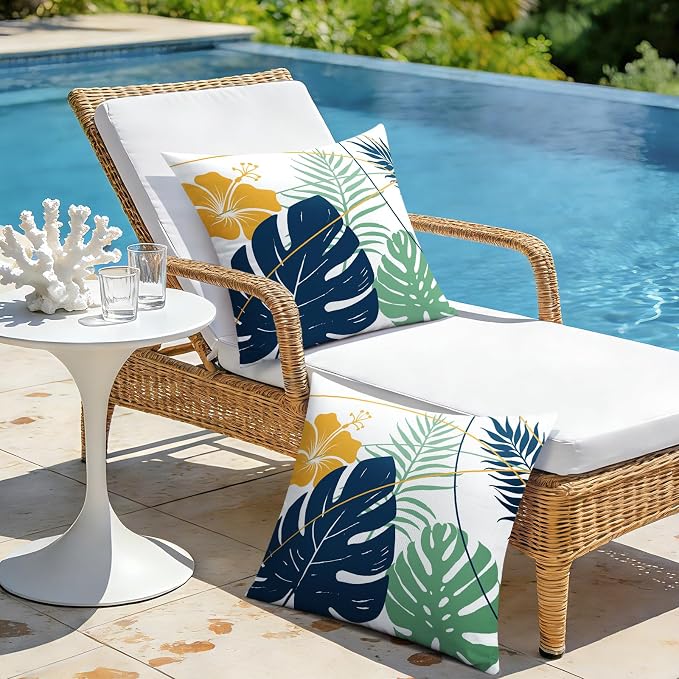 OTOSTAR Outdoor Waterproof Throw Pillow Covers 20x20 Inch Set of 2 Double-Sided Dark Blue Yellow Tropical Leaf and Flower Spring Summer Decorative Pillow Cases for Patio Funiture Garden Balcony Couch