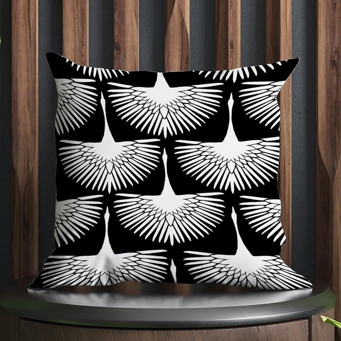 White Cranes Cushion Cases Black and White Lily Geese Flock Throw Pillow Cover Abstract Farmhouse Decor Pillow for Patio Tent Couch 16x16 in