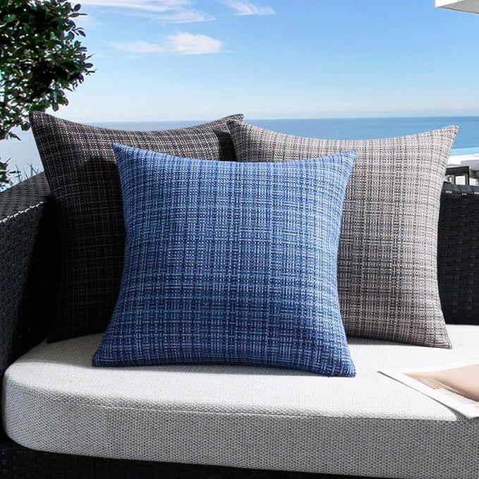 UGASA Outdoor Waterproof Throw Pillow Covers Pack of 2 Patio Water Resistant Pillow Cases Summer Woven Texture Decorative for Outside Garden Porch Yard Bench Tent 18x18 Inch, Navy Blue