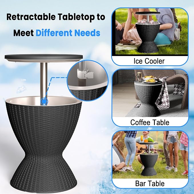 Outdoor Cool Bar Table 8 Gallon Portable Cooler Side Table,3-in-1 Cocktail Coffee Table Rattan Style,Sturdy, Waterproof & UV Resistant,Easy to Assemble & Clean for Indoor & Outdoor Use(Black)
