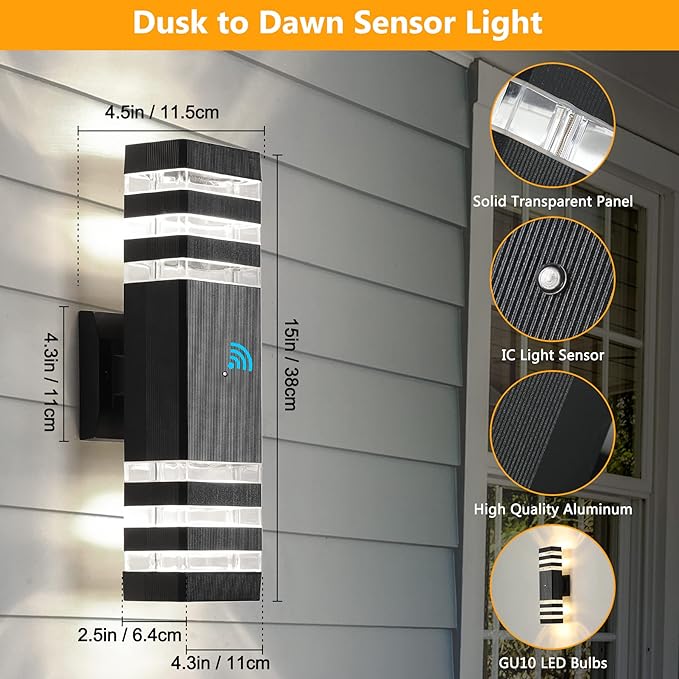 1 Pack Dusk to Dawn Outdoor Wall Lights Fixture, Up and Down LED Outdoor Wall Sconce Porch Lights, IP65 3000K Warm White Matte Black Exterior Lights for House Garage Front Porch