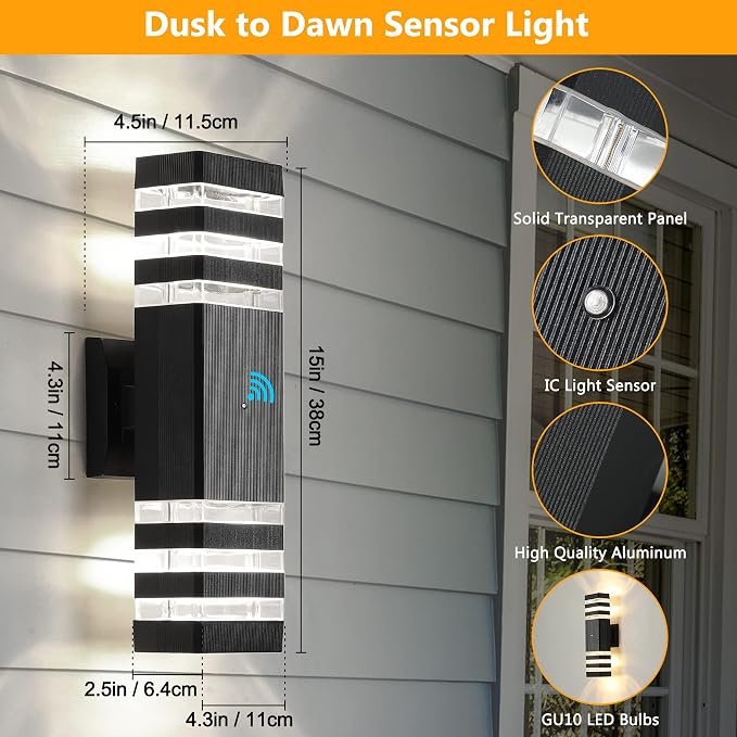 6 Pack Outdoor Wall Lights Dusk to Dawn Exterior Light Fixture, 3-Layer Black Outdoor Lights for House, IP65 Waterproof Up and Down Outside Porch Lights for Garage Patio, 3000K