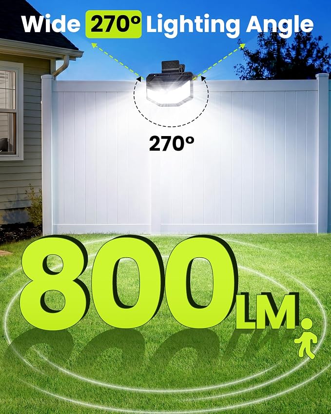 Clip on Solar Lights Outdoor with Motion Sensor, 800LM & 270° Wide Angle Solar Fence Lights Outdoor Waterproof with 115 LEDs, 3 Modes & Portable Security Lights for Chain Link Patio Deck Yard (2Pack)
