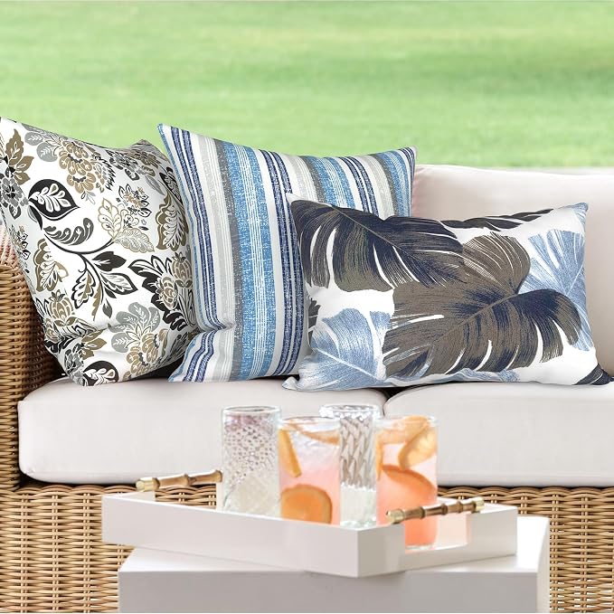 DYTXIII Pack of 2 Outdoor Waterproof Lumbar Pillow Covers ONLY, 12x20 Rectangle Decorative Double Printed Pillow Cases for Patio Couch Porch Furniture - Monstera Blue