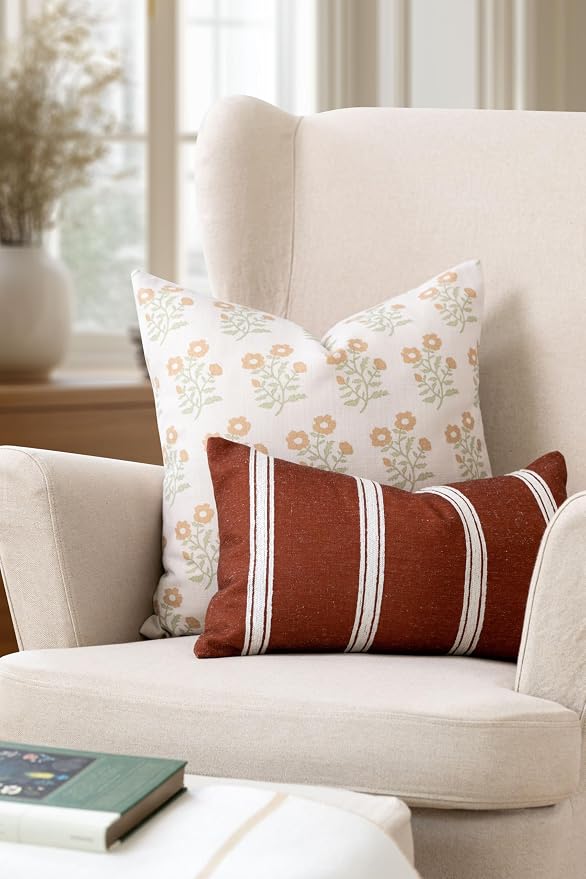 Modern Farmhouse California Casual Indoor Outdoor Lumbar Pillow Cover, 12"x20" Water Repellent for Patio, Backyard, Couch, Poolside, Rust Orange White Embroidered Stripes