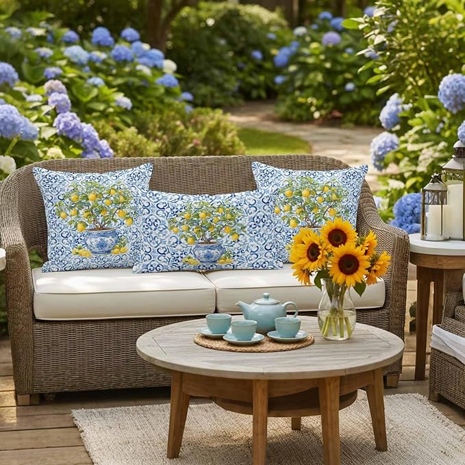 Summer Lemons Outdoor Pillow Covers 26x26 Inch Throw Pillow Covers Set of 2 Waterproof Decorative Pillow Cases Blue Boho Floral Farmhouse Botanical Cushion Covers for Patio Furniture Garden Couch Sofa
