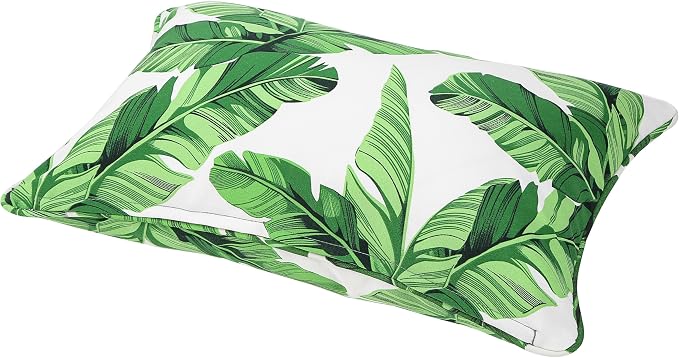 13 x 20 Inch Outdoor Lumbar Pillow with Insert Set of 2, Decorative Piping Edge Waterproof Fade Resistant Fluffy Throw Pillows for Patio Furniture Chair Bench Couch - Green Leaves White