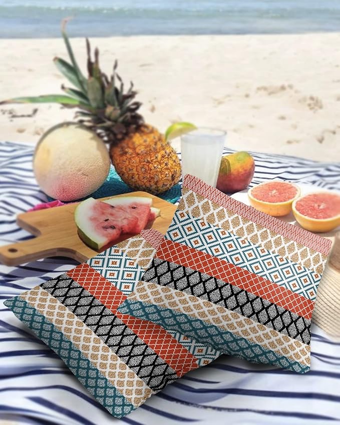 Outdoor Waterproof Throw Pillow Covers Boho Stripe Tribal Vingtage Lumbar Pillowcases Bohemian Style Pattern Decorative Pillows Cushion Case Patio Pillows for Couch Bed Garden 16 x 16 Inches