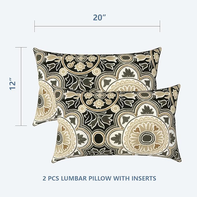 LVTXIII Outdoor/Indoor Lumbar Pillows, Decorative Patio Lumbar Cushions, Fluffy Water Repellent Garden Cushions for Home Patio Coach Sofa Use, 12×20 Inch, Pack of 2, Vintage Medallion
