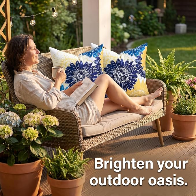 Waterproof Outdoor Pillow Covers 18x18 Decorative Summer Sunflower Square Pillow Covers Blue Yellow Throw Pillow Covers Set of 2 Garden Cushion Throw Pillowcase for Patio Furniture Tent Balcony Bench