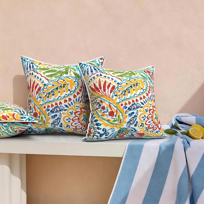 Outdoor Throw Pillows Inners, Fade Resistant Patio Furniture Square Pillows with Piping Set of 2 for Patio Furniture, 18x18 Inch, Paisley Multi
