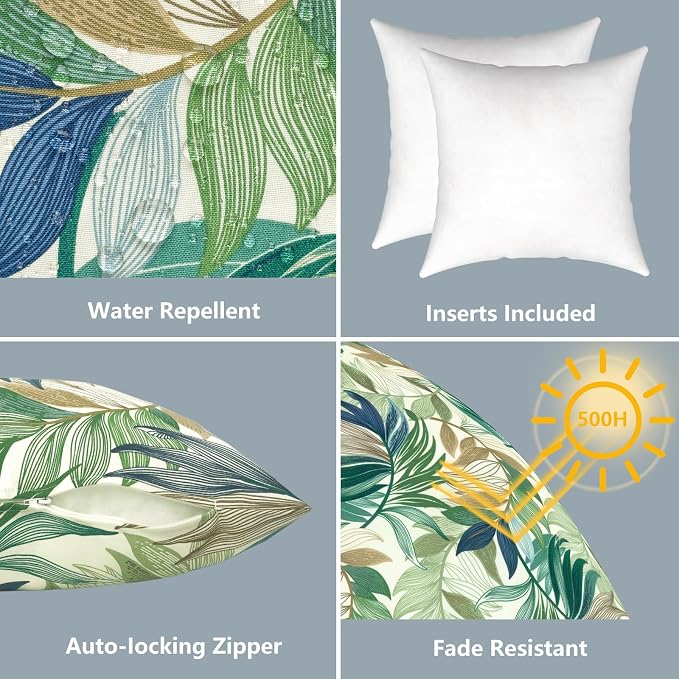 LVTXIII Outdoor/Indoor Throw Pillows, Decorative Throw Pillows with Inserts, 18"x18" Square Pillows for Bed, Couch, Sofa and Patio Furniture, Set of 2, Lush Leaf Green