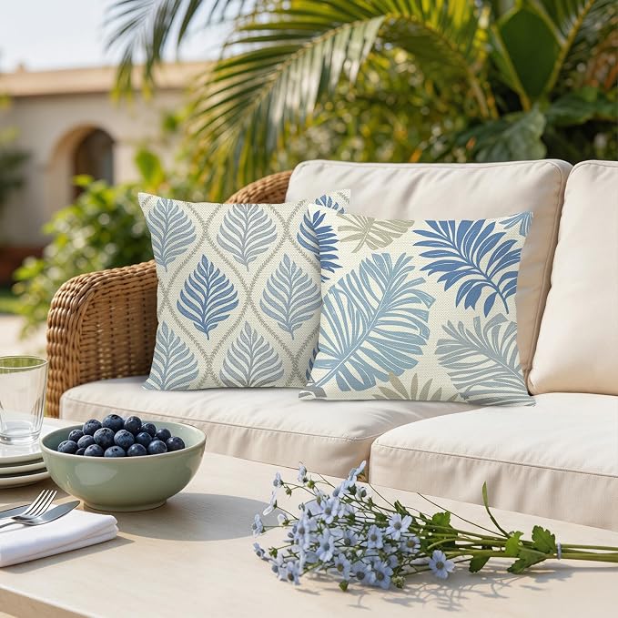 Bonhause Tropical Leaves Throw Pillow Covers 18 x 18 Inch Set of 4 Palm Leaf Floral Botanical Blue Decorative Pillow Cases Polyester Linen Outdoor Cushion Covers for Sofa Couch Garden Home Decor