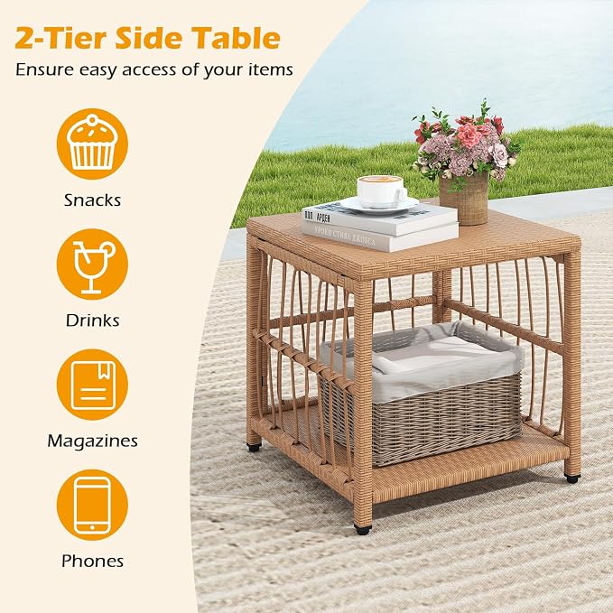 HAPPYGRILL 5 Pieces Patio Conversation Set PE Rattan Balcony Furniture Set with 2 Armchairs, 2 Ottomans & 2-Tier Side Table, Outdoor Wicker Chair Set with Cushions
