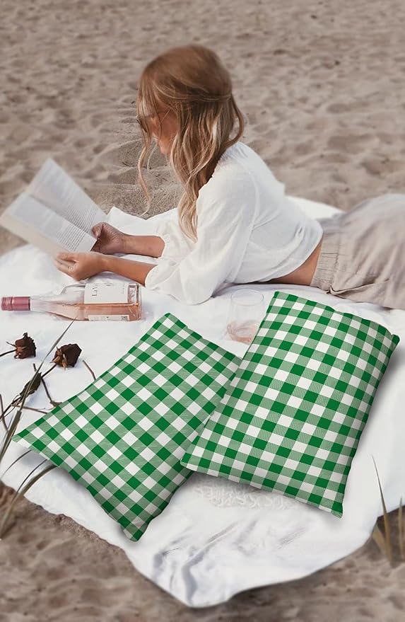 Outdoor Waterproof Throw Pillow Covers Set of 2 Green Buffalo Check Plaid Lumbar Pillowcases 20x12 Inches Farmhouse Style Patio Decorative Pillows Cushion Case Patio Pillows for Couch Bed Chair Garden