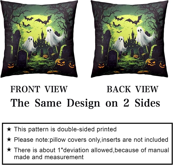 2 Pack Halloween Pillow Covers 22x22 Graveyard Ghost Throw Pillow Covers Horror Spooky Green Full Moon Night Pillow Case Bat Pumpkin Cushion Case for Holiday Party Decor Couch Sofa