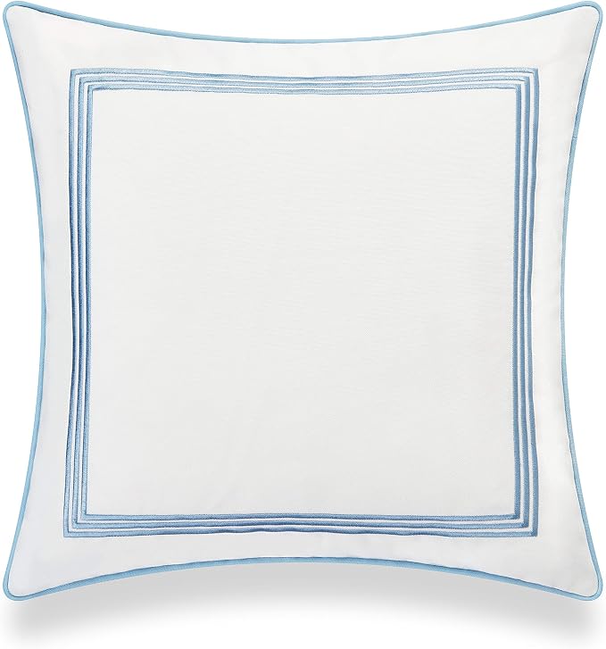 Hofdeco Premium Coastal Hampton Style Patio Indoor Outdoor Pillow Cover Only, 20"x20" Water Resistant for Backyard, Couch, Baby Blue Embroidered Square Line