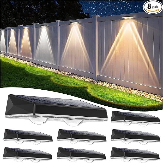 Solar Fence Lights Outdoor, 8 Pack Fence Lights Solar Powered, 3 Color Modes Warm/Natural/Cool White (3000K/4000K/6000K), IP67 Waterproof Dusk to Dawn Solar Lights for Fence, Backyard, Patio, Deck
