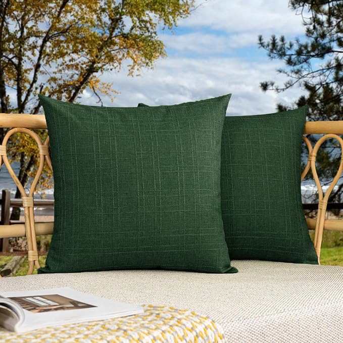 Kevin Textile Outdoor Waterproof 24”x24” Pillow Covers 2 Pack, Army Green | Water Resistant, Soft Faux Linen-cotton Yarn-dyed Woven Texture Throw Pillow Covers for Tent Patio Garden Couch Sofa