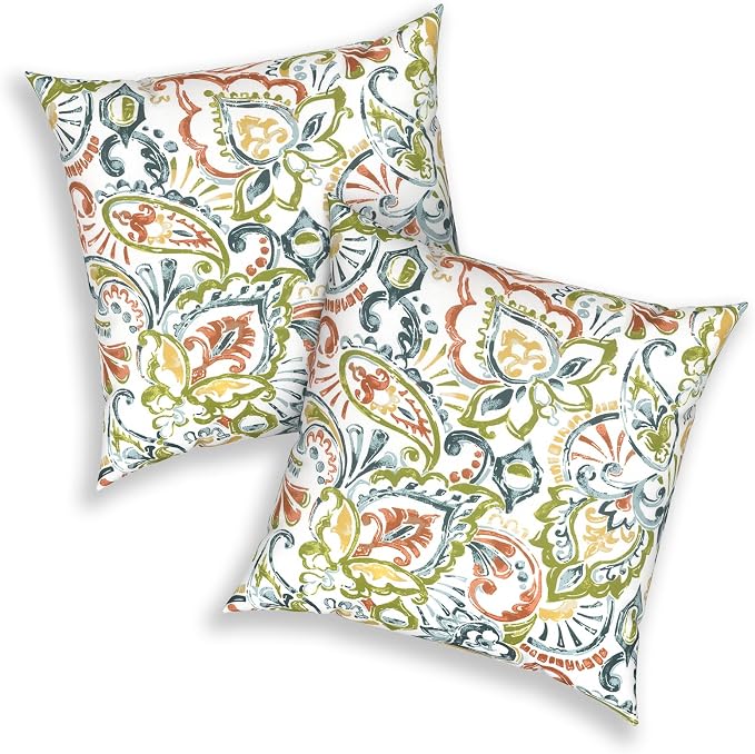 20x20 Inch Pack of 2 Patio Throw Pillow Covers ONLY, Water Repellent Cushion Cases, Square Pillowcases for Outdoor Couch Decoration, Paisley Botanical