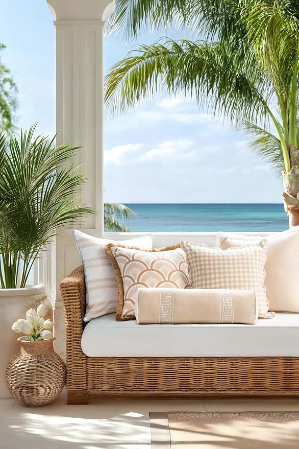 Hofdeco Premium Coastal Hampton Patio Indoor Outdoor Bolster Pillow Cover Only, 8"x24" Water Repellent for Backyard, Couch, Poolside, Neutral Tan Embroidered Greek Key