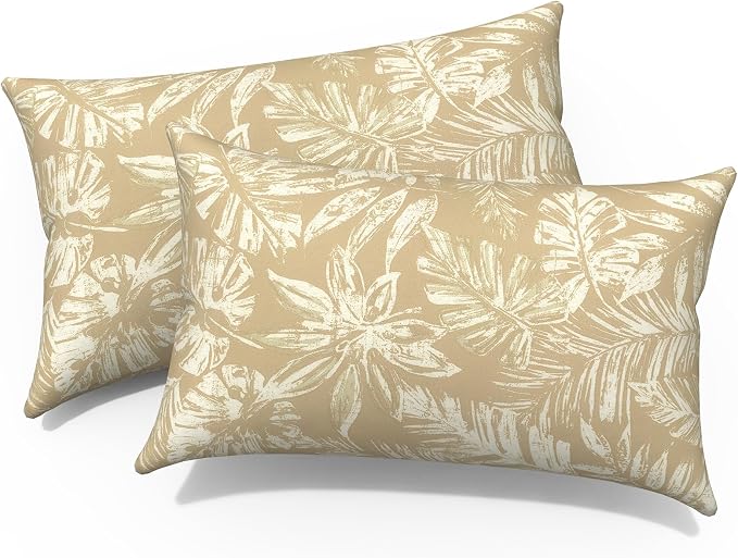 Outdoor Lumbar Pillows 12x20 Inch, Water Repellent Cushion Pillows, Outdoor Pillows with Inserts for Home Garden Pack of 2, Tropical Leaf Oat