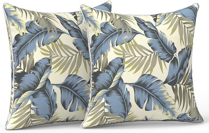 LVTXIII Outdoor Throw Pillows 18x18 Patio Waterproof Square Pillows with Piping Fade Resistant Accent Pillow for Spring Summer Garden Decoration, Set of 2, ‌Lush Palm Blue