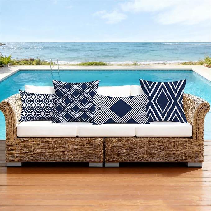 NIGHTWISH Outdoor Waterproof Pillow Covers 12x20 Set of 4 Navy Blue and White Modern Geometry Decorative Outdoor Throw Pillows Boho Cushion Cases for Patio Furniture Bench Couch Sunbrella