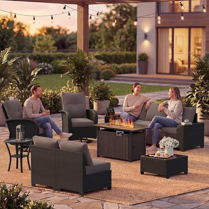 LazySunsets 10 PCS Patio Furniture Set with 44'' Fire Pit Table, Outdoor Sectional All-Weather Wicker Conversation Set with Swivel Rocker Chairs, 4'' Thick Cushions for Backyard Poolside(Crey/Black)
