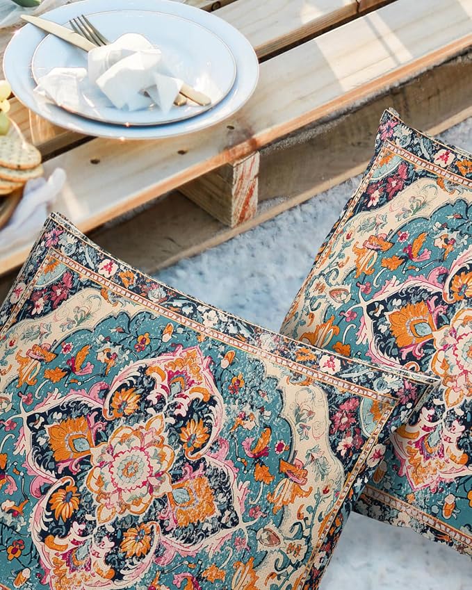 Outdoor Waterproof Pillow Covers Set of 2, Meddle Century Vintage Floral Mural Pattern Patio Throw Pillow Covers, Decorative Cushion Case for Couch Sofa Furniture Garden, 24x24 Inch