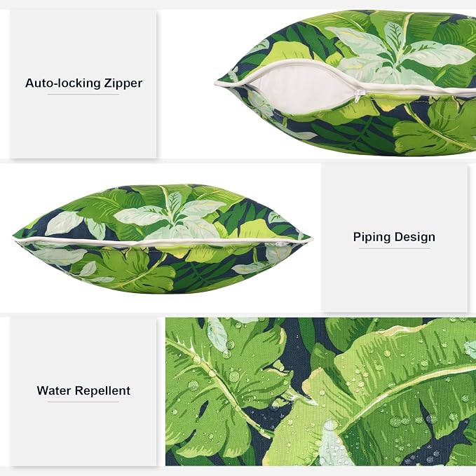 Outdoor Throw Pillows Inners, Fade Resistant Patio Furniture Square Pillows with Piping Set of 2 for Patio Furniture, 18x18 Inch, Jungle Leaves
