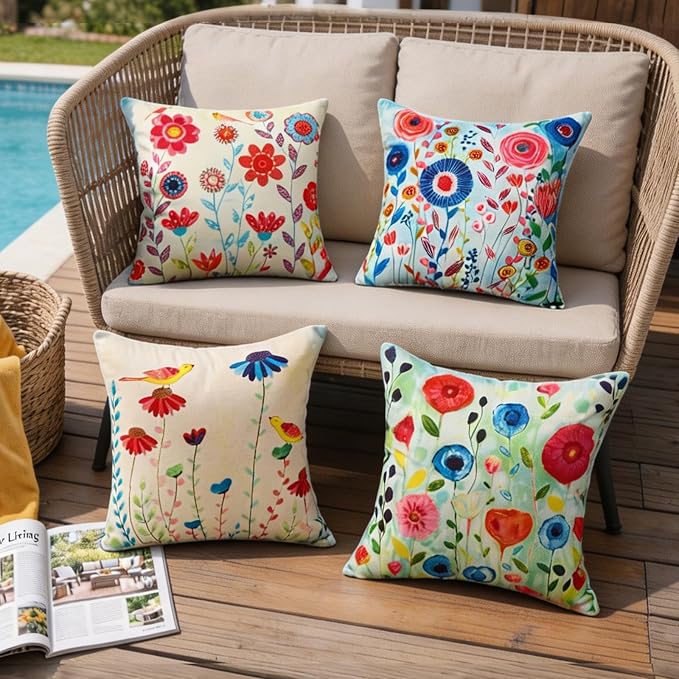 Colorful Floral Outdoor Throw Pillow Covers 18x18 Waterproof, Set of 4 | Floral Pillow Cases, Flower Decor, Spring Summer Outdoor Pillows for Patio Furniture Porch, No Decorative Pillow Inserts