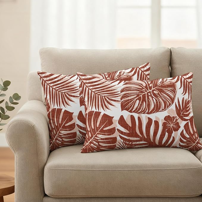 Copper Palm Leaves Outdoor Pillow Covers 20"x12" Set of 2, Tropical Botanical Minimalist Modern Waterproof Throw Pillow Covers for Patio Furniture, Decorative Cushion Covers for Porch