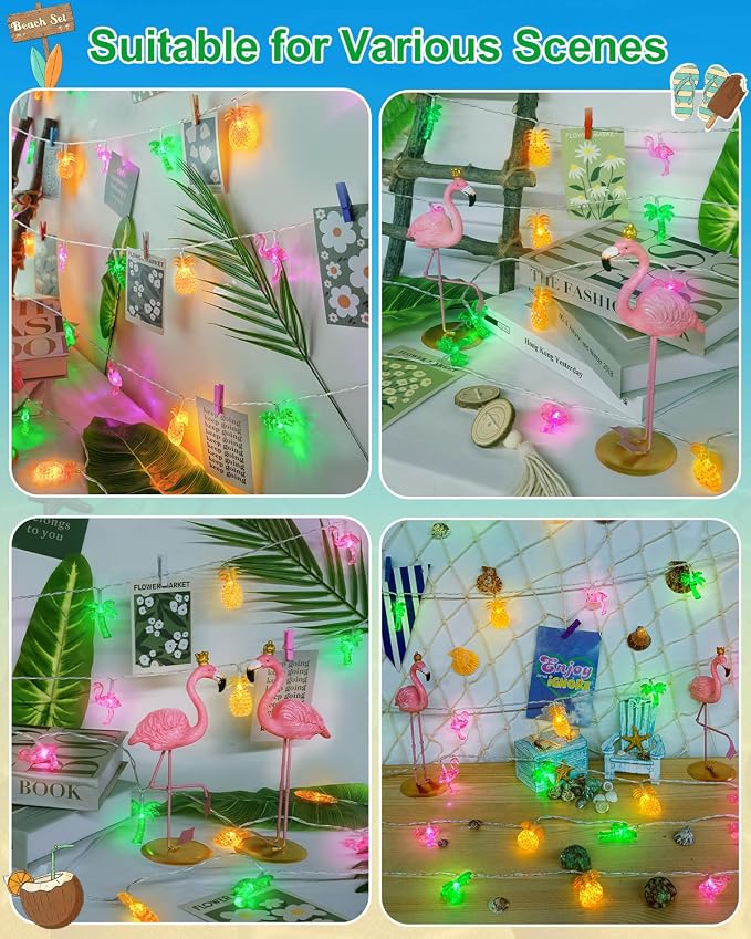 50 LED 25ft Summer Hawaiian Beach Battery String Lights Outdoor with Remote | Flamingo Pineapple Palm Tree Fairy Twinkle Lights Battery Operated with 8 Modes & Timer for Tropical Beach Party Pool Decor