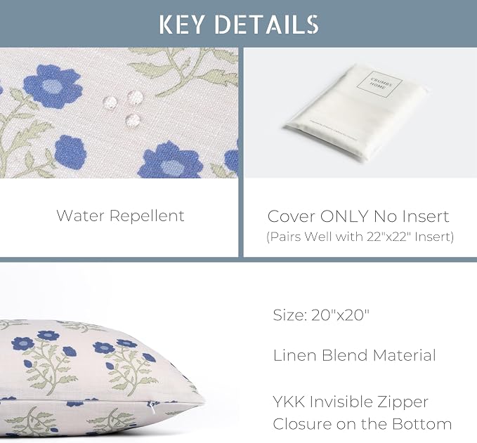 California Casual Coastal Indoor Outdoor Throw Pillow Cover, 20"x20" Water Repellent for Patio, Backyard, Couch, Poolside, Azure Blue Green Print Block Painting Flowers