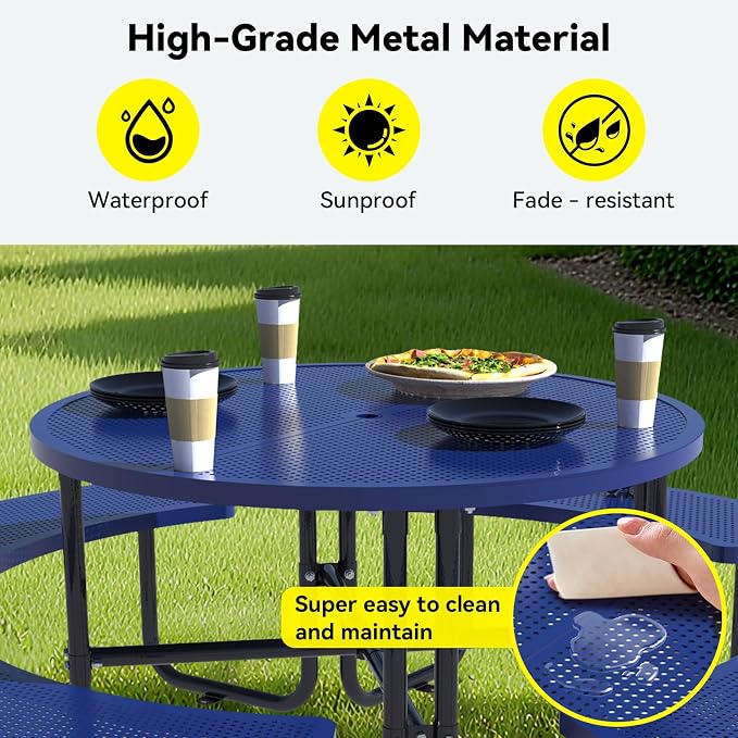 46 Inch Round Metal Picnic Table with 1.78" Umbrella Hole, All Weather Rust-Proof Metal Frame, Mesh Tabletop, Seats Up to 8 People, Easy Assembly for Patio, Backyard, Camping & BBQ, Blue