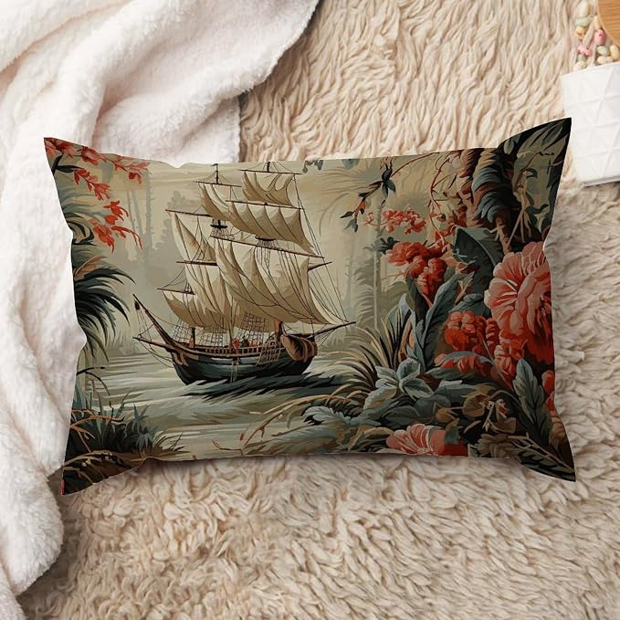 Rectangular Cushion Cover Moore Manor Antique Chinoiserie Pillow Case Rustic Vintage Boats and Flowers Pillow Cover Accent Outdoor Garden for Couch Sofa Bed Chair Indoor 12x18in