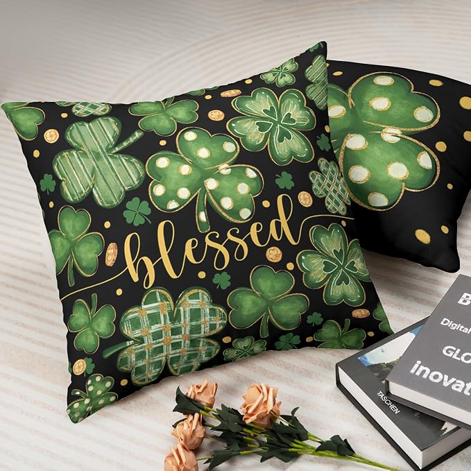Pack of 2 St Patricks Day Pillow Covers 20x20 Lucky Blessed Shamrock Throw Pillow Covers Green Black Stripes Polka Dots Clover Pillow Cases for Sofa Couch Bed Home Decor