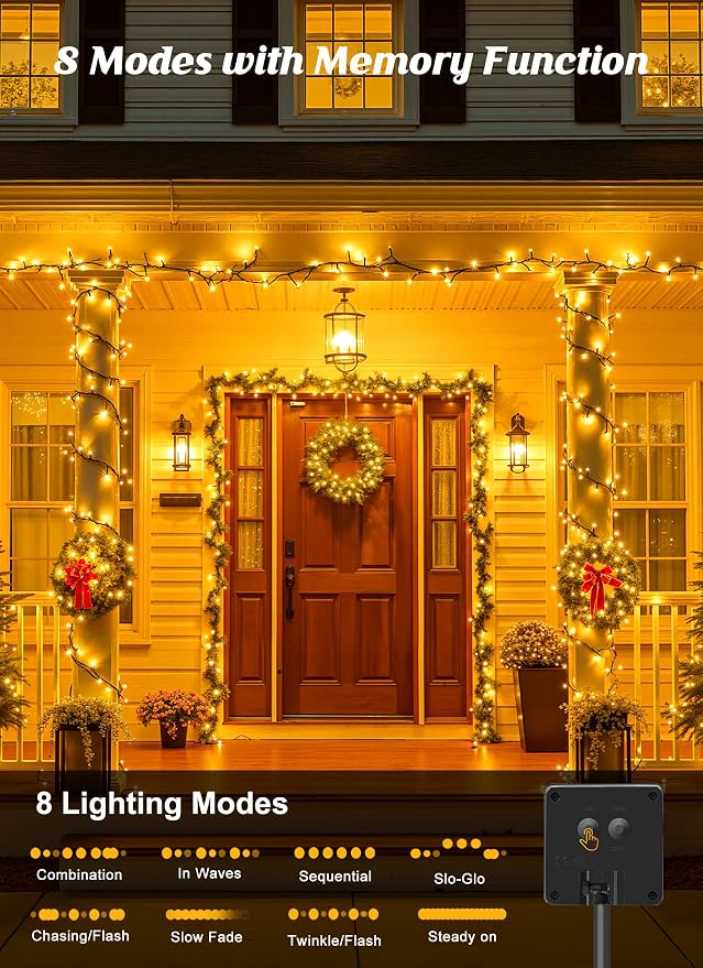 Brightown Solar String Lights Outdoor Waterproof, 40FT 100 LED | Solar Powered Christmas Lights with 8 Modes, Auto On/Off, Patio Lights for Outside Tree Garden Party Decor (Warm White)