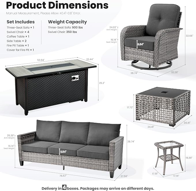 ovios 9 Pieces Patio Furniture Set, Outdoor Wicker Sofa Couch with Swivel Glider Chairs Fire Pit Table, Modern Deep Seat Rattan Conversation Sets for Deck Porch, Black