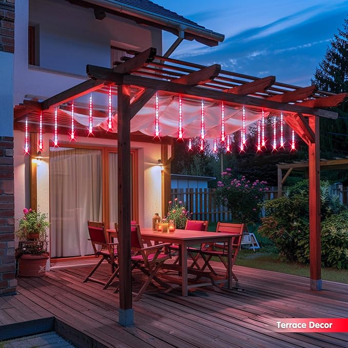 JMEXSUSS Red and White Solar Meteor Shower Rain Lights | 8 Tube 144 LED Solar Christmas Lights for Party Holiday Yard Patio Decorations