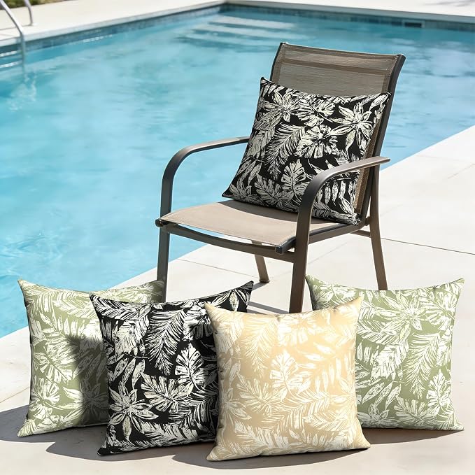 Outdoor Pillows with Insert 20x20 Inch, Waterproof Throw Pillow for Patio Furniture, Decorative Back Cushion for Garden Home Sofa Office Chair, Set of 2, Tropical Leaf Black