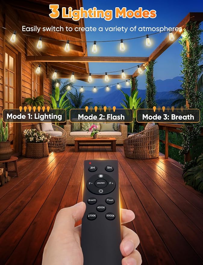 180FT LED String Lights with Remote Control, 2700K/4000K/5000K Selectable Outdoor Patio Lights with 56 Shatterproof ST38 Edison Bulbs, 3 Modes Dimmable Outside Light for Yard, Porch